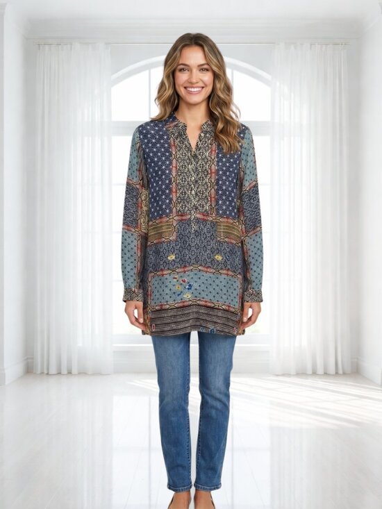 Johnny Was Tops - Johnny Was Patchwork Cupra Rayon Tunic Blouse M Boho Silk Feel Roll Tab Sleeve